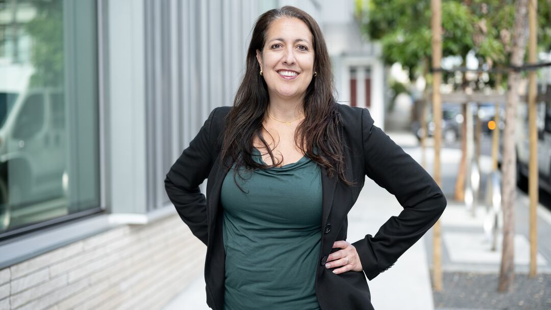 Christina Mangurian, MD, recipient of the 2024 Harold S. Luft Award for Mentoring in Health Services and Health Policy Research at the UCSF Nancy Friend Pritzker Psychiatry Building at the Mission Bay campus.