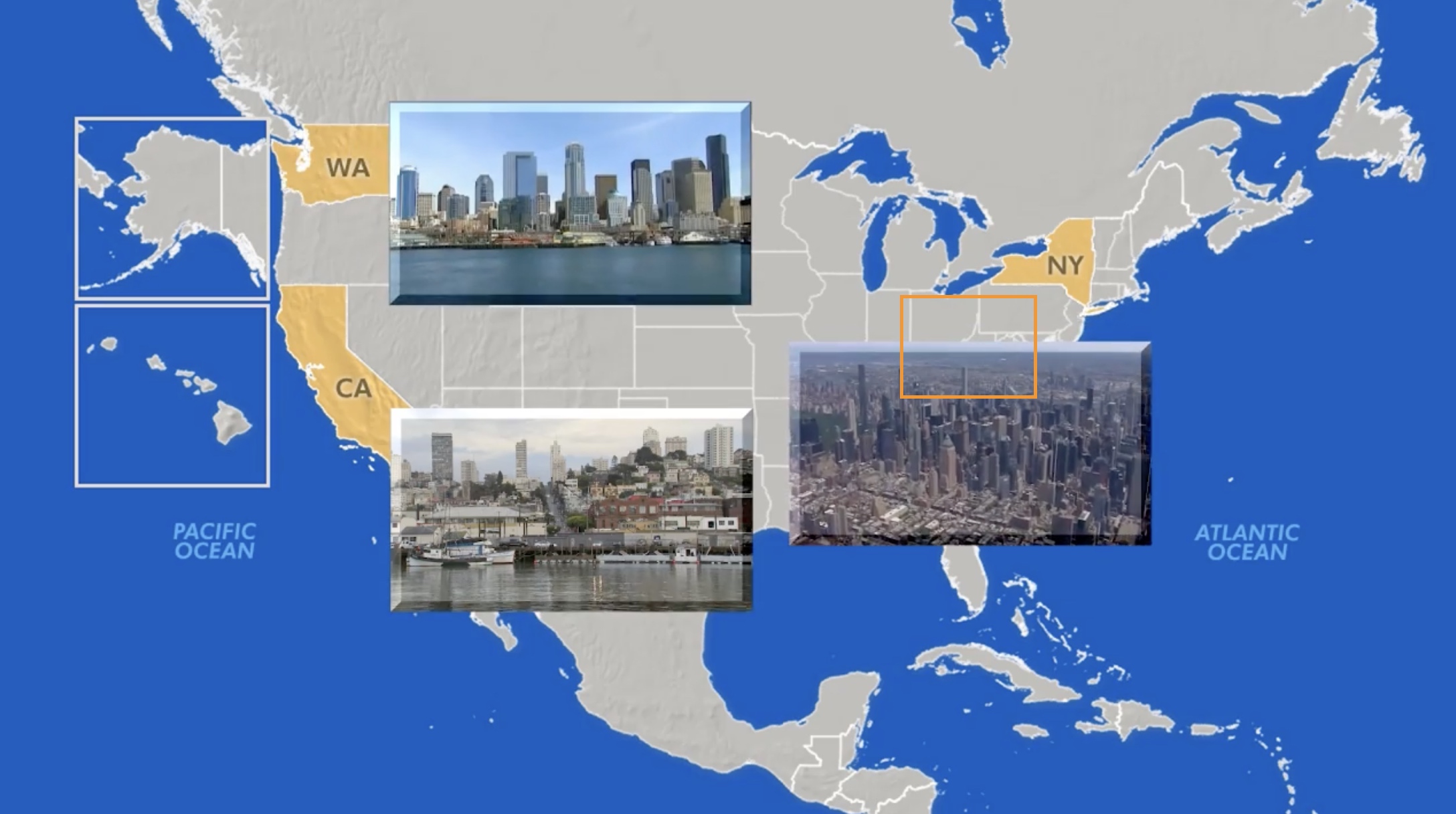 Screenshot of U.S. map indicating California, New York, and Seattle as focal points of the American housing crisis.